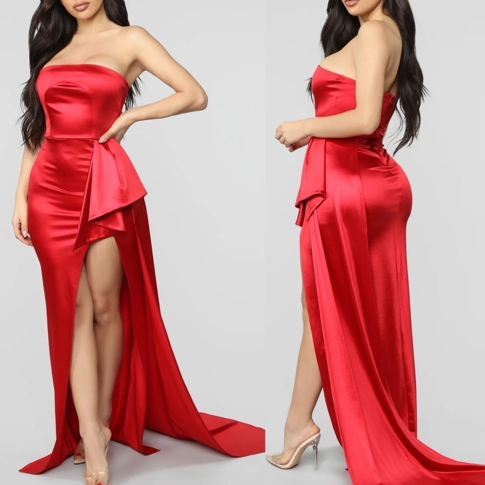 Fashion Nova Glimpse Of Glamour Strapless Train Satin Gown Red NWT Large